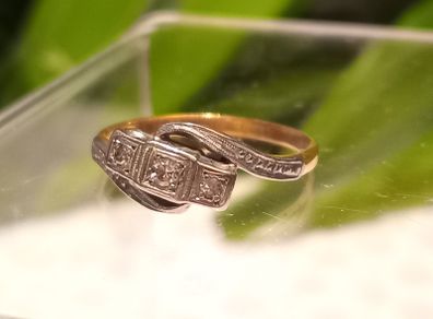18ct Gold & Platinum Three Stone Diamond Crossover Ring - Size L, 2.7g, Antique/Vintage