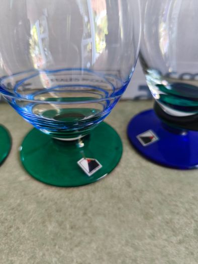 SET OF 5 , 1920 s Art Deco Czech Republic Cobalt Blue Green On Clear Glasses