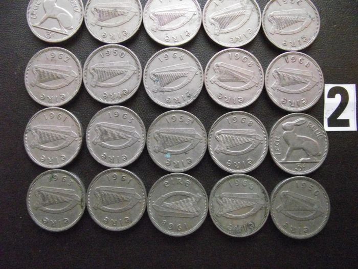 30 Irish 3 pence coins (1942-1968)