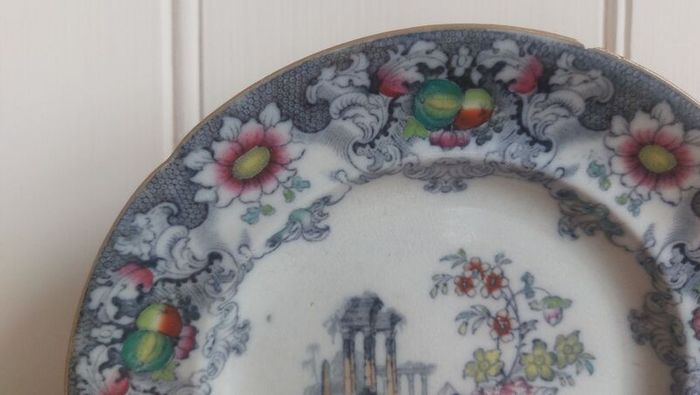 Fabulous Antique, 1850s Polychrome Transferware Plate with Hand Painted Elements by Francis Morley and Co. in the Rare "Cleopatra" Pattern, Circa 1845-1858