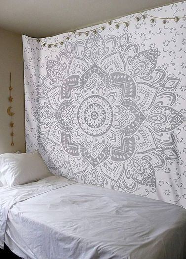 MULTIPLE SIZES AVAILABLE Grey Mandala Tapestry Bedroom Aesthetic Indie Wall Tapestry Hippie Room Decor Boho Tapestrys Trippy Small Tapestry Wall Hanging White Silver Wall Art 30x40