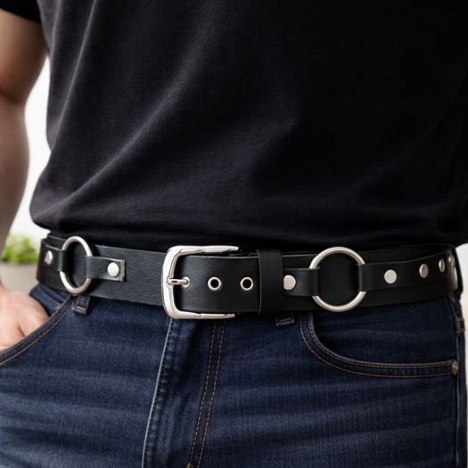 Unisex Black Leather Ring Belt Punk Gothic O-Ring Belt with Silver Buckle for Men & Women