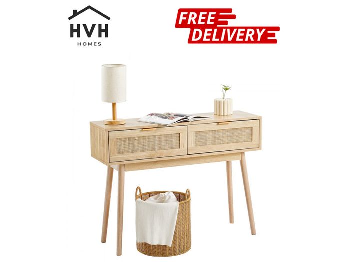 Rattan Console Table with 2 Storage Drawers Rattan Sliding Door Natural