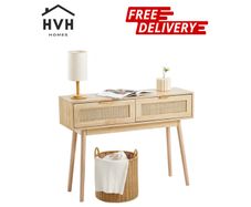 Rattan Console Table with 2 Storage Drawers Rattan Sliding Door Natural