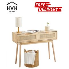Rattan Console Table with 2 Storage Drawers Rattan Sliding Door Natural