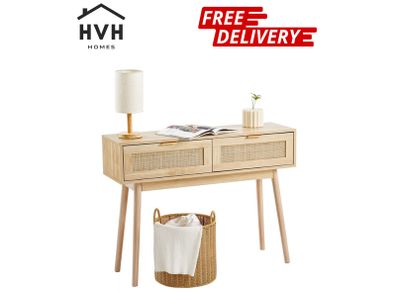 Rattan Console Table with 2 Storage Drawers Rattan Sliding Door Natural
