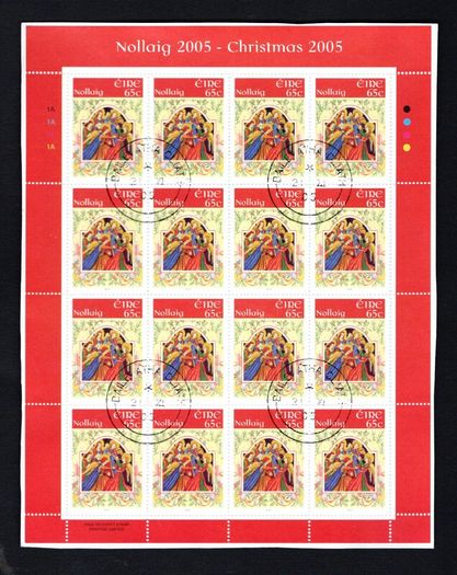 2005 Ireland Christmas Commemorative Stamp Sheetlet Plate 1A1A1A1A Fine CDS Used with Dublin cancel of 21st November 2005 (Frist day of issued) on envelope extract.