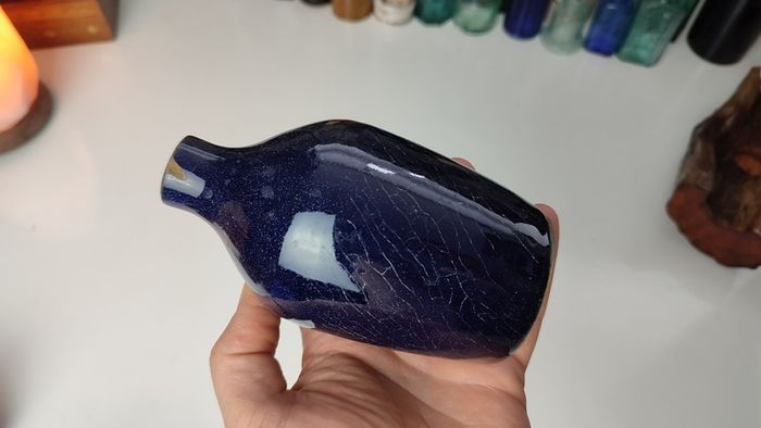 271 - Vintage 1950s Cobalt Blue Glazed Stoneware Decorative Collectible Display Furniture Cream Bottle
