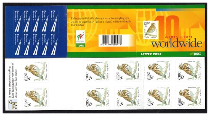 2001 Ireland W Value Song Thrush Definitive Stamp Booklet Mint Never Hinged (MNH). Hibernian HB92.