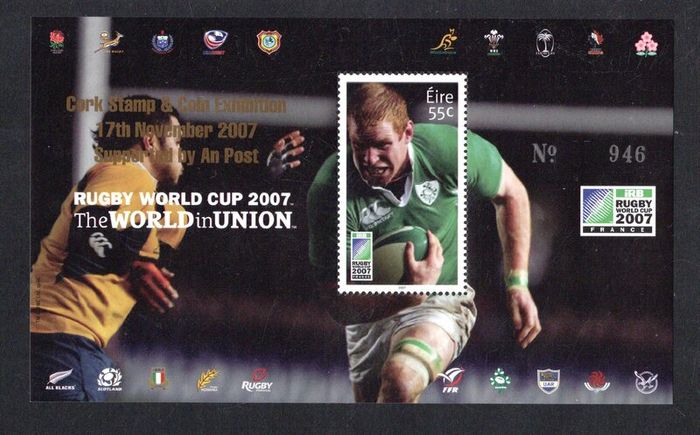 2007 Cork Stamp and Coin Exhibition 17th November 2007 Exhibition Miniature Sheet on Ireland Rugby World Cup Commemorative Stamps Miniature Sheet Mint Never Hinged (MNH)