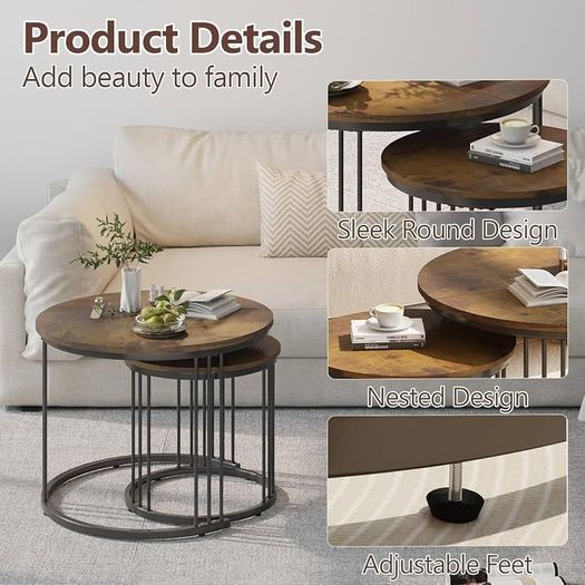 Round Coffee Tables, Set of 2 End Table, Nesting Tables, Side Table with Metal Frame for Living Room/Bedroom/Balcony/Office/Apartment, Diameter 23.6/15.7 IN (Rustic Brown