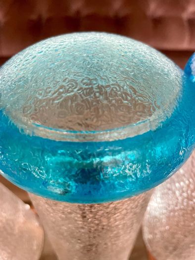 Set of Glass Genie Bottles with Turquoise Blue Flame Stoppers and Tall Containers with Mushroom Lids MCM Retro