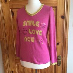 And Golf With Love Pink Yellow V Neck Wool Cashmere Blend Jumper size L Uk 14 Including Postage