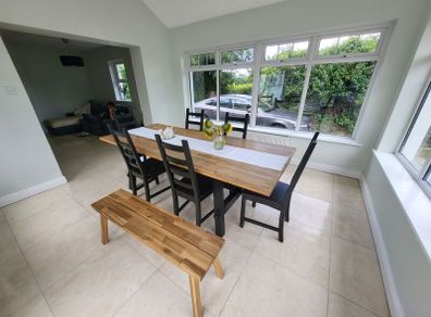 Ikea Skogsta Dining table, 6 chairs and bench