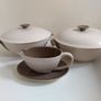 Pair of Vintage Poole Pottery Twintone Lidded Serving Dishes and a Matching Gravy Boat and Underplate, All in Colourway C54, Sepia and Mushroom and in the Older Streamline Shape, circa 1952-55 Image 2