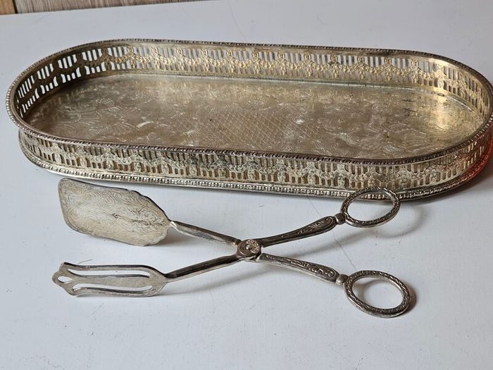 Vintage Silver Plated Serving Tray and Server Tongs