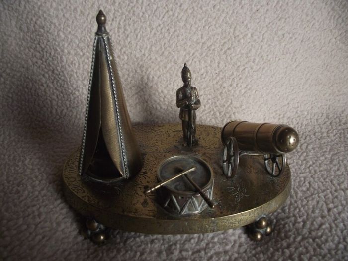 Victorian Brass Inkwell Desk Set - Military Theme - Lozenge Mark 13th January 1883