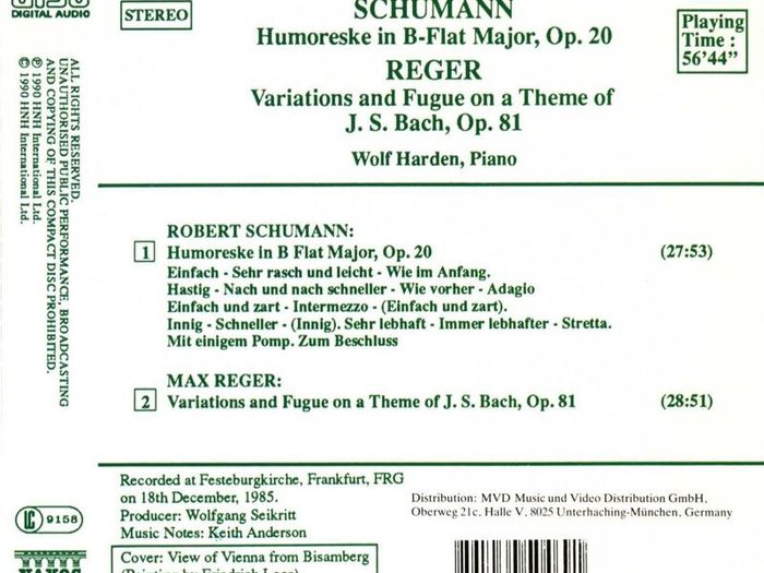 Schumann. Humoreske. Reger. Variations and Fugue. CD. Free Postage!