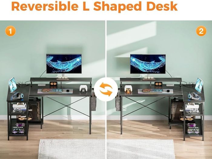 L Shaped Gaming Desk with LED Lights, 120 x 80 cm Computer Desk with Power Outlet