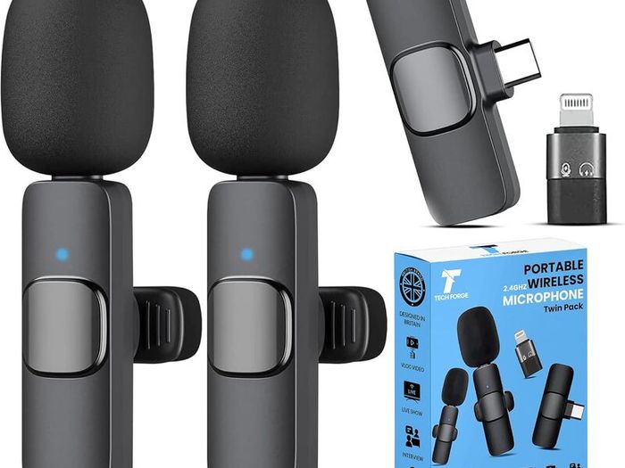 2 x Wireless Microphones For Iphone, Android, Ipad Wireless Mic With Noise Redcution & Crystal Clear Sound | Clip on Microphone Perfect For Video Recording, Vlogging, Youtube, Tik Tok
