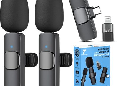 2 x Wireless Microphones For Iphone, Android, Ipad Wireless Mic With Noise Redcution & Crystal Clear Sound | Clip on Microphone Perfect For Video Recording, Vlogging, Youtube, Tik Tok