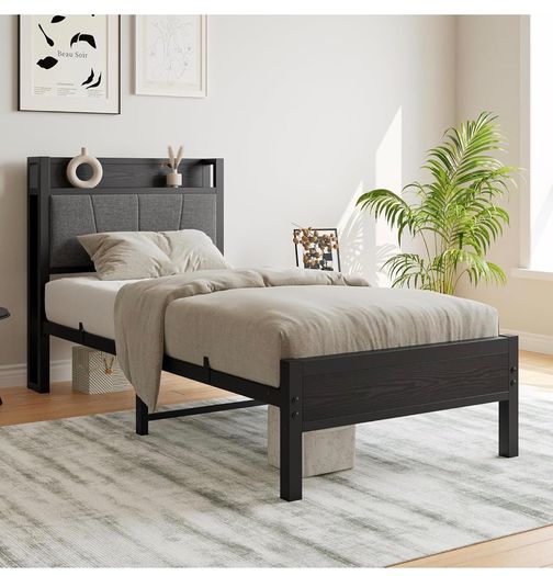 3ft Single Bed Frame with Storage Headboard,Heavy Duty Metal Upholstered Platform Bed Frame,Mattress Foundation/Strong Steel Slat Support/Under-bed Storage/Easy Assembly/Black