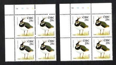 2002-04 Ireland Tenth Definitive Stamp Series Birds 20c Lapwing Plate Block 1A1A1A1A & 1B1B1B1B Mint Never Hinged (MNH)