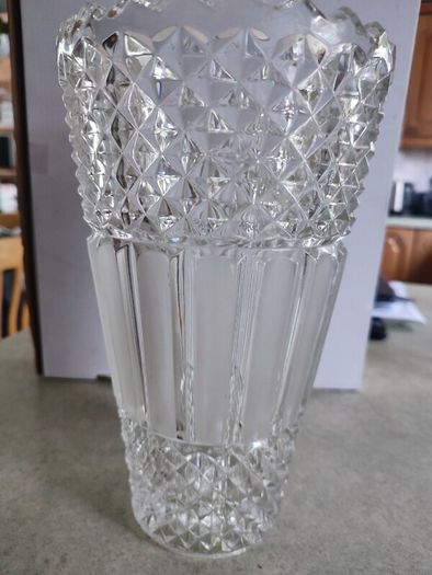 VINTAGE Hermanova 20188/25 Art Deco Vase MCM Sklo Union Czech Art Glass Clear Glass Toothed Ridged Studded Pattern Bouquet Floor Vase - 10 inches Tall
