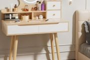 Dressing Table with Round Mirror and Lights, 80cm Wide Small Vanity Desk, Wooden Color, 2 Drawers