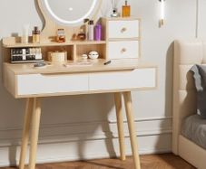 Dressing Table with Round Mirror and Lights, 80cm Wide Small Vanity Desk, Wooden Color, 2 Drawers