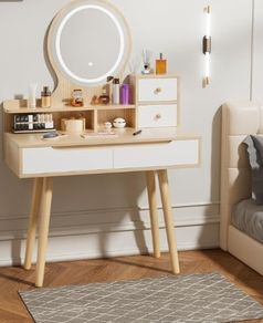 Dressing Table with Round Mirror and Lights, 80cm Wide Small Vanity Desk, Wooden Color, 2 Drawers