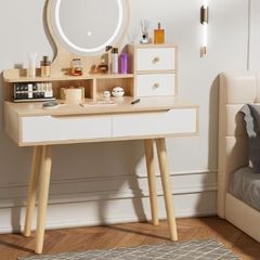 Dressing Table with Round Mirror and Lights, 80cm Wide Small Vanity Desk, Wooden Color, 2 Drawers