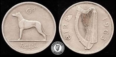 [#2411] - Ireland 1963 | ERROR | Irish 6p | 6 Pence | Wolfhound | KM.13a