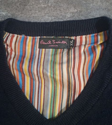 Paul Smith London Men's V-Neck Sweater XXL Navy Blue Merino Wool Cashmere Stripe