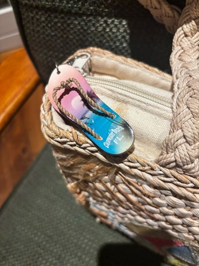 Capelli Straworld Straw Art Bag - Embellished with Shells, Beach Material, Flip Floos etc - see photos