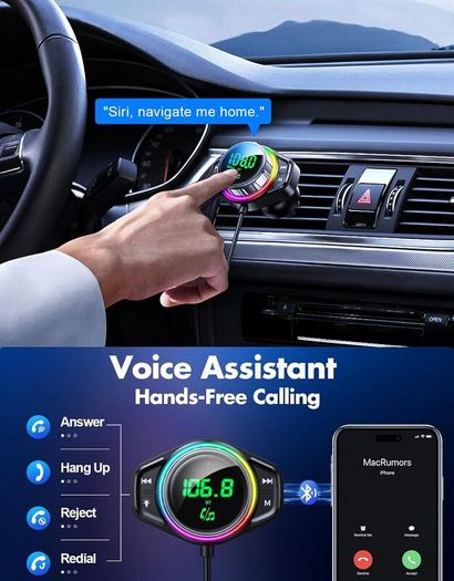 Bluetooth Car Adapter, Bluetooth 5.3 FM Transmitter for Car, 48W Dual USB Bluetooth Adapter with HiFi Sound & Bass Mode, Hands-Free Calling, Customizable RGB Light, Voice Assistant Support