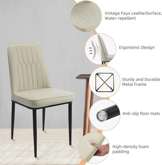 Dining Chairs Set of 2 Off-White Upholstered High Back Kitchen chair with Non-Slip Metal Legs, Easy to Clean Home Chairs for Dining Room Living Room Bedroom Kitchen Lounge