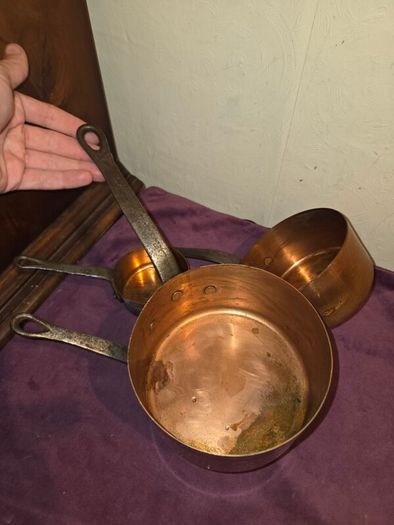 Set of 4 Antique French Copper Saucepans
