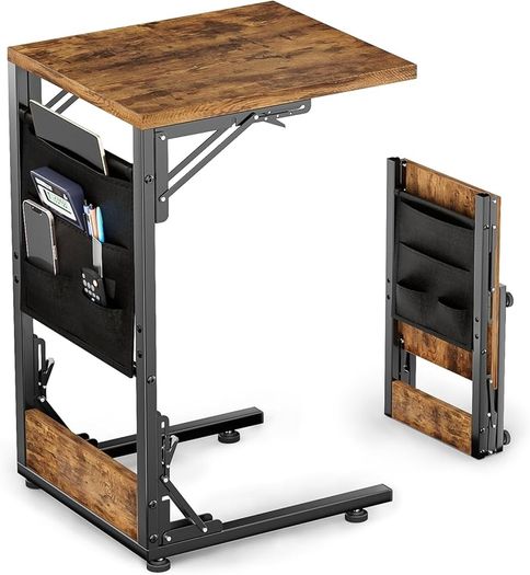 Foldable Side Table Bedside Table with Storage Bag, Metal Frame Coffee Table for Living Room Bedroom Office, Rustic Brown