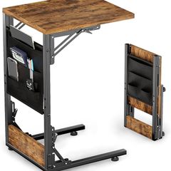 Foldable Side Table Bedside Table with Storage Bag, Metal Frame Coffee Table for Living Room Bedroom Office, Rustic Brown