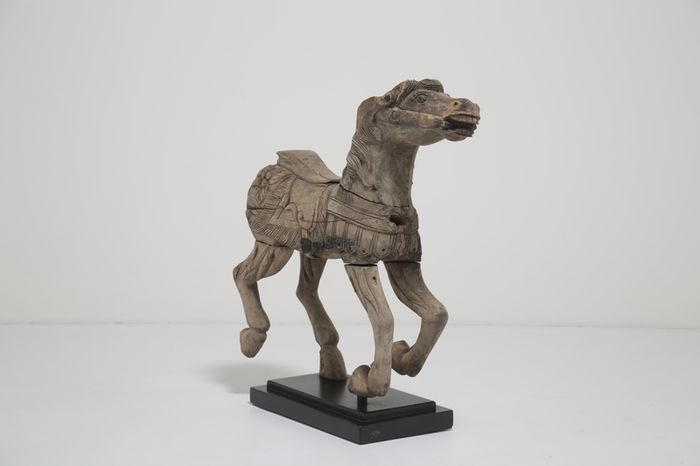 19th Century Antique Carved Wood Carnival Carousel Horse on Plinth
