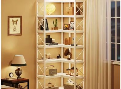 Corner Bookcase Tall White Storage Rack with 14 Shelves