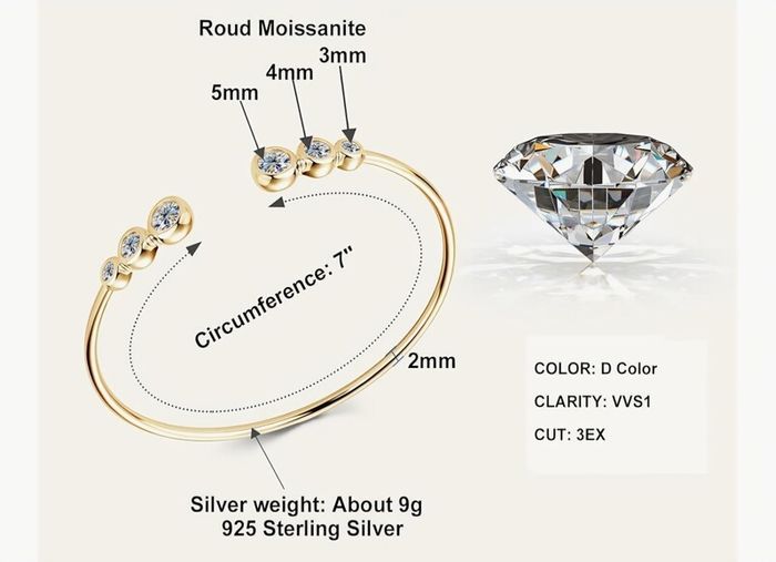 18ct Gold Plated sterling silver open cuff bangle with 1.8ct of Moissanite