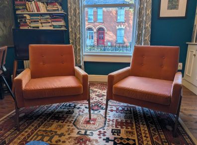 Velvet mid-century style armchairs