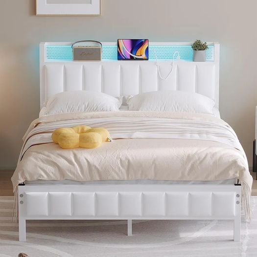 Double Bed Frame with Storage Upholstered Headboard,LED Lights,4ft6 Heavy Duty Metal Bed Frame Double Beds with Charging Station,No Box Spring Needed,Strong Steel Slats Support,White Velvet