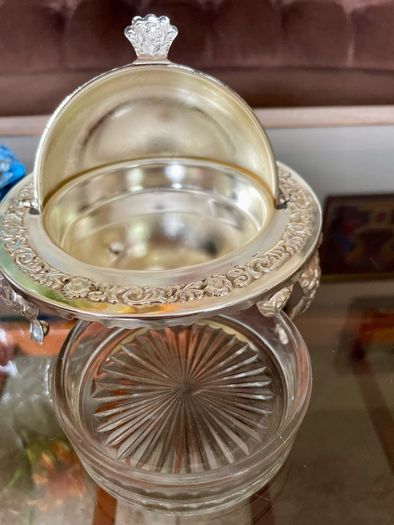 Vintage Silver Colour Roll Top Butter Dish with Glass Insert or Ornate Caviar Server