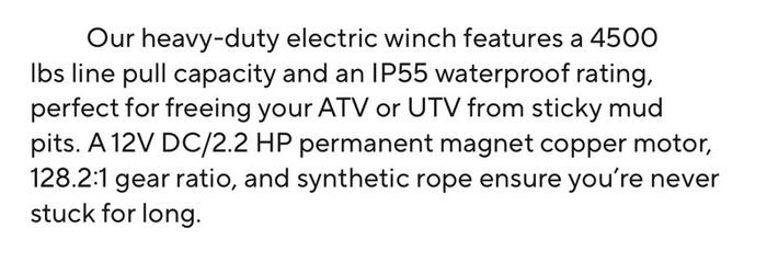 Electric Winch 4500lbs suit small jeep or quad , recovery trailer etc