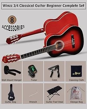 3/4 Classical Guitar for Kids Teenager Students Beginners with Nylon-String (36 Inches, Red Glossy)