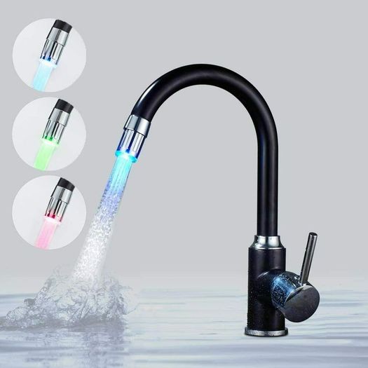 LED Kitchen Sink Mixer Taps Swivel Spout Pull Out Basin Tap Black Chrome Faucet