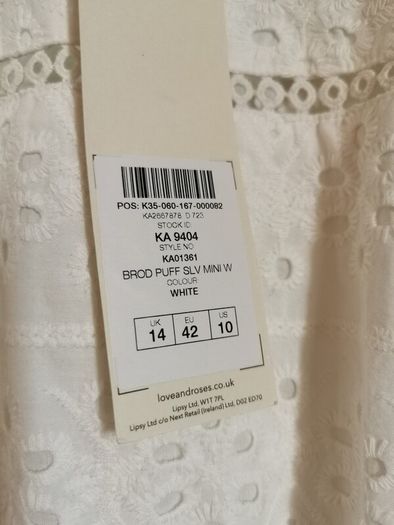 BNWT - LOVE & ROSES cotton white dress UK 14
